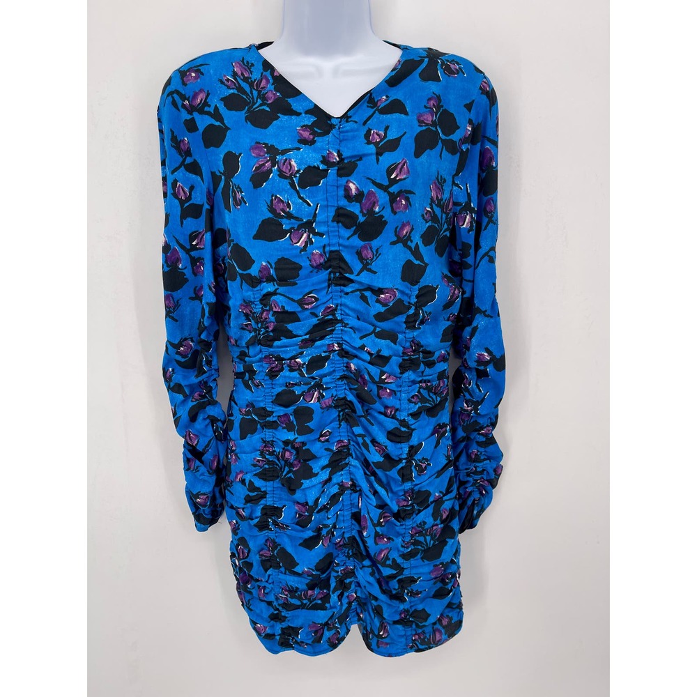 Zara Dress Women M Draped Blue Floral Mini Ruched Shoulder Pads Blogger NWT